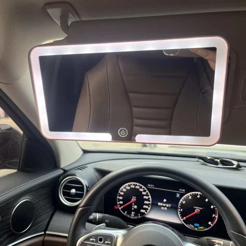 Espejos interiores de coche, placa de visera solar, espejo de maquillaje LED HD para niñas y mujeres, luz de relleno recargable, espejo de tocador fino Universal