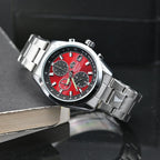 Orient Men's Chronograph Wristwatch Red Dial Stainless Steel Band 100M Waterproof Fashion Sport Watch