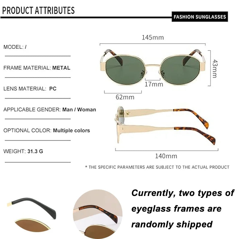 Gafas de sol de marca de Metal de lujo para hombres y mujeres, gafas de sol de moda de diseñador Unisex, gafas ovaladas Unisex con estilo
