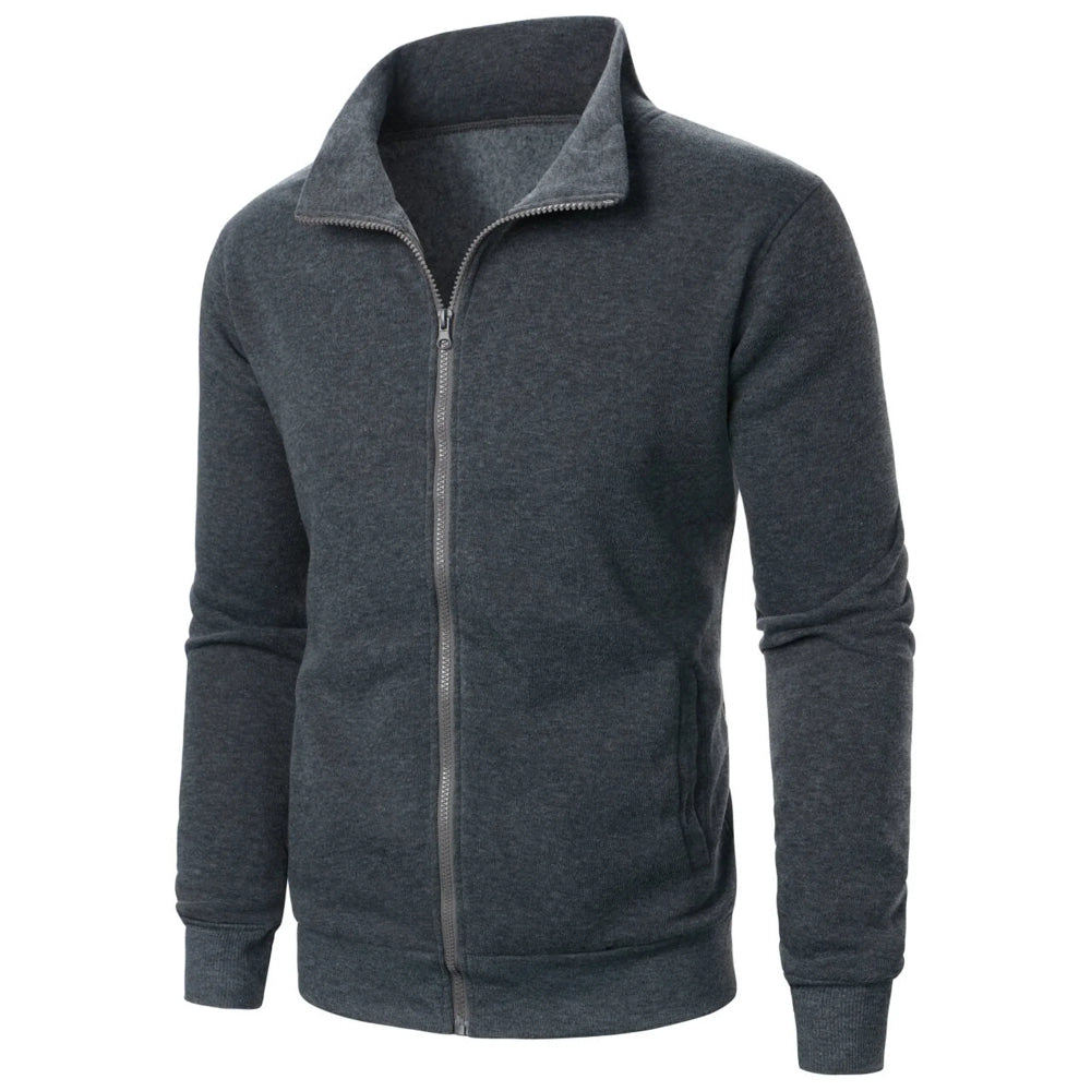 Chaqueta deportiva informal con cuello levantado y cremallera para hombre, top de color sólido para hombre
