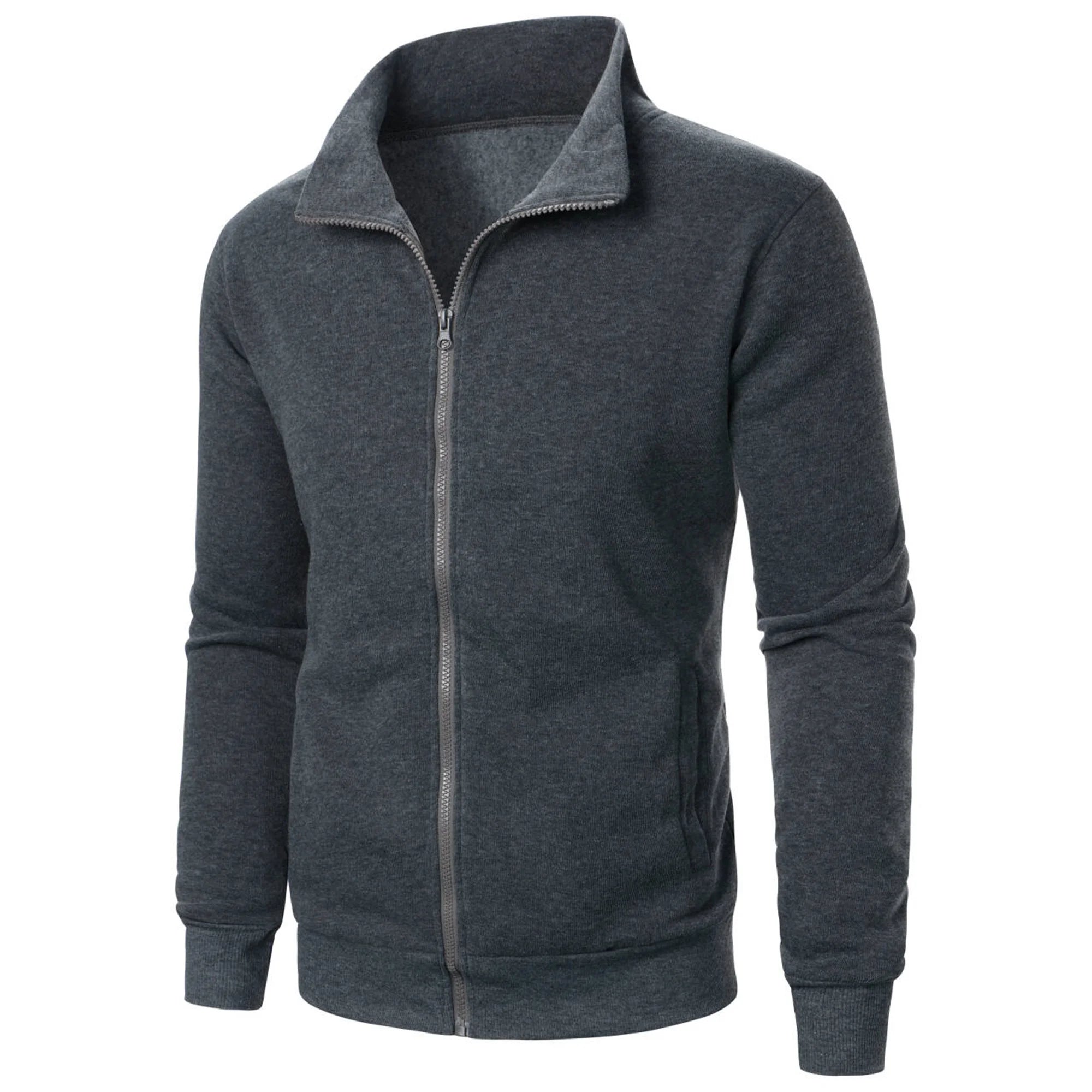 Chaqueta deportiva informal con cuello levantado y cremallera para hombre, top de color sólido para hombre