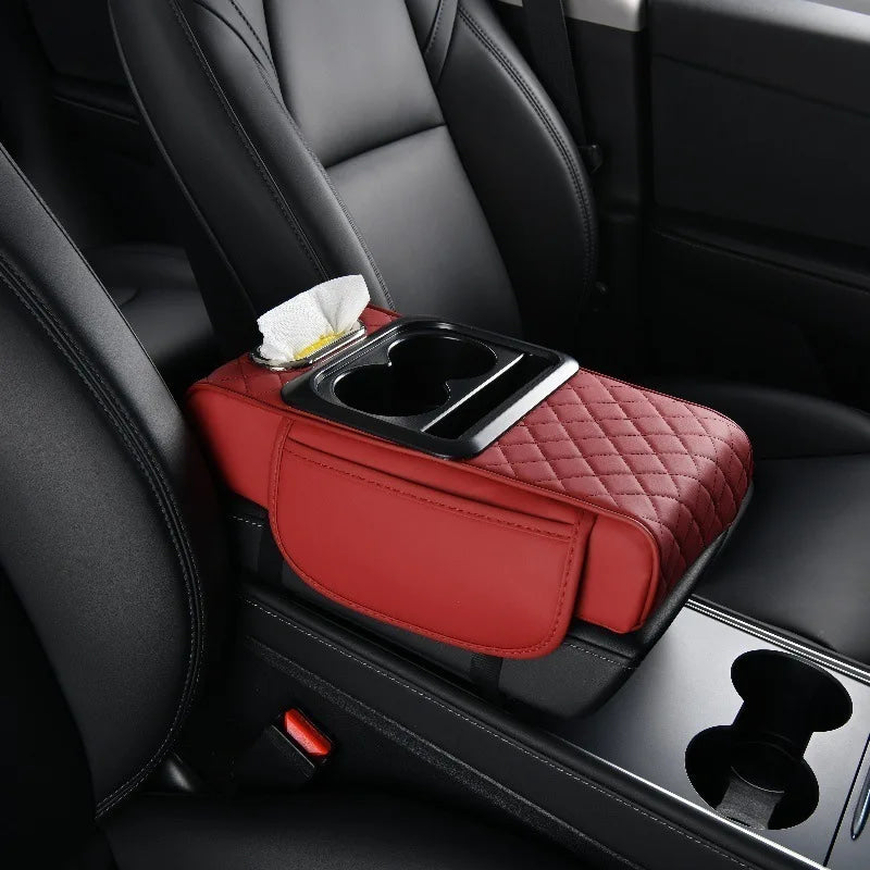 Reposabrazos para Coche 5 en 1: Caja para Pañuelos, Portavasos, Bolsa de Almacenamiento Multifuncional, Almohadilla Elevadora y Cojín con Bolsillo
