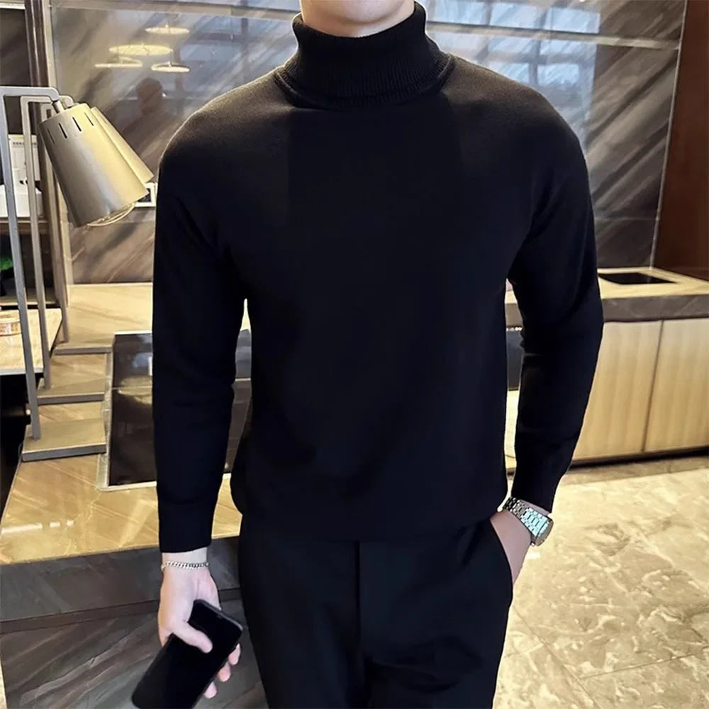 Korean Fashion Autumn Winter Sweaters Men Pullovers Fleece Turtleneck Knitted Sweatshirt Warm Bottoming Shirts