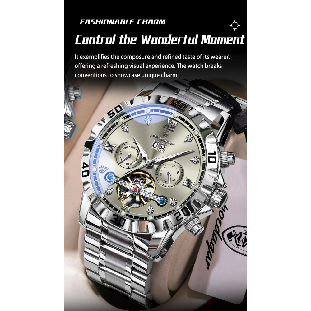 POEDAGAR Luxury Men Wristwatch Hollow Tourbillon Luminous Date Week Man Clock Automatic Mechanical Stainless Steel Men's Watches
