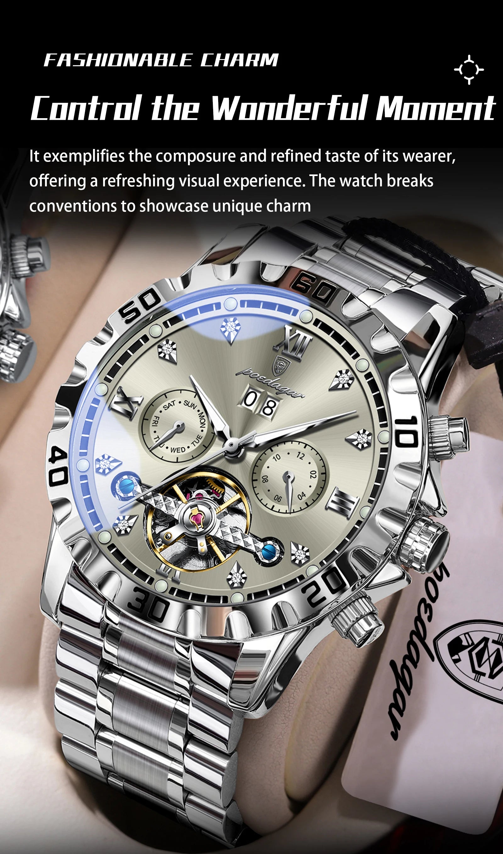 POEDAGAR Luxury Men Wristwatch Hollow Tourbillon Luminous Date Week Man Clock Automatic Mechanical Stainless Steel Men's Watches