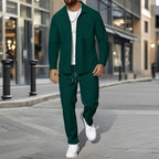 Men's Business Casual Two-Piece Set Spring Autumn Waffle Zippered Shirt Coat And Trousers Trendy Fashionable Outfit