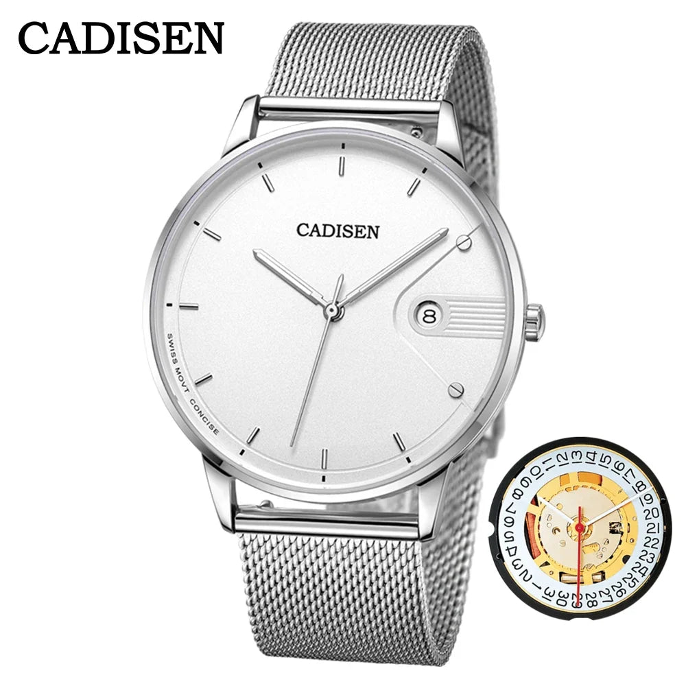 CADISEN Swiss Ronda 715 Quartz Watch Mans 7MM Ultra-thin Dial Sapphire Luminous Stainless Steel Milano Mesh Strap Watches Men