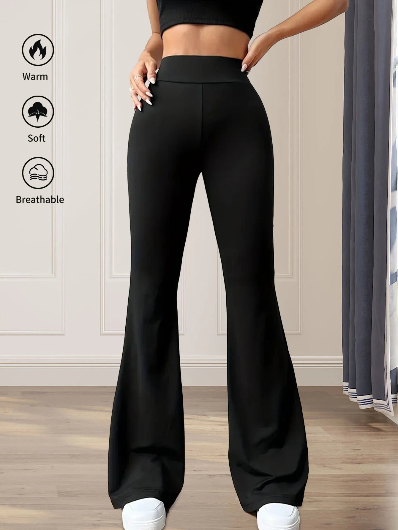Pantalones acampanados ajustados de cintura alta para primavera y verano para mujer, pantalones negros largos de pierna delgada, pantalones finos de pierna ancha para mujeres delgadas