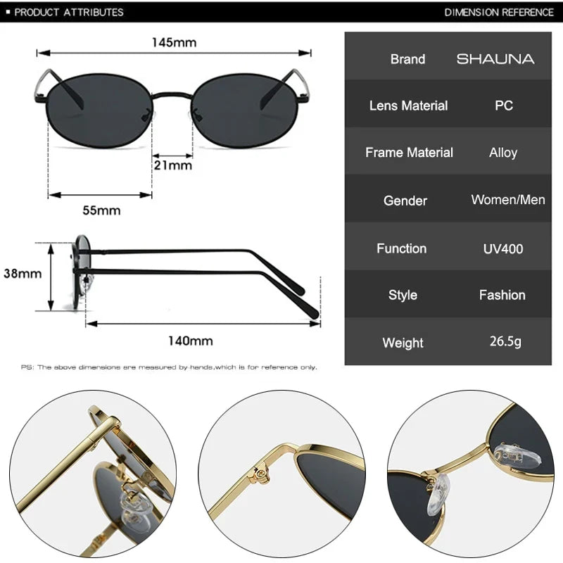 SHAUNA Gafas de sol retro con montura metálica ovalada pequeña para mujer UV400 Gafas de sol punk para hombre