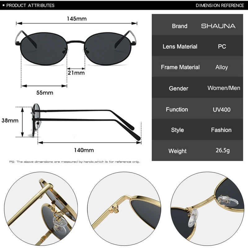 SHAUNA Gafas de sol retro con montura metálica ovalada pequeña para mujer UV400 Gafas de sol punk para hombre