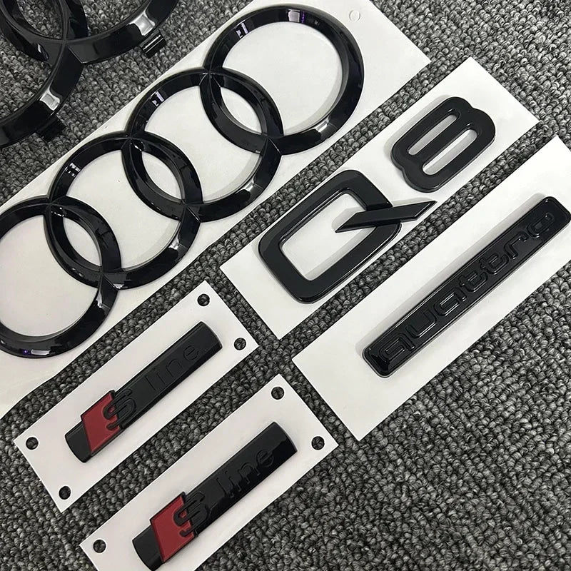 AUDI Q8 4-Ring logo ABS Black Car Hood Front Grill Emblem Rear Trunk Badge Q8 Sticker Quarrto Sline Emblem For Q8 2018-2024