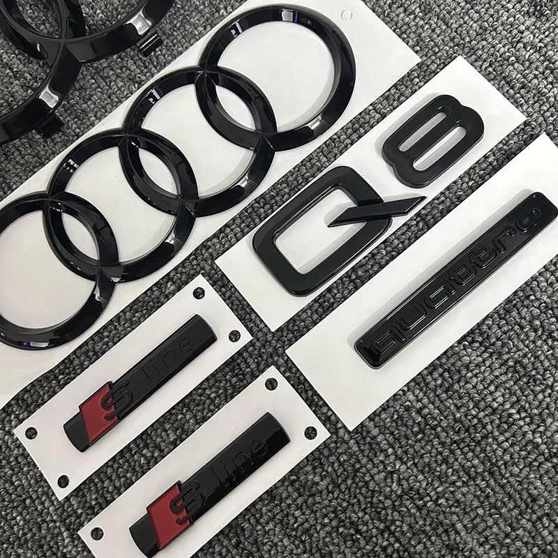 AUDI Q8 4-Ring logo ABS Black Car Hood Front Grill Emblem Rear Trunk Badge Q8 Sticker Quarrto Sline Emblem For Q8 2018-2024