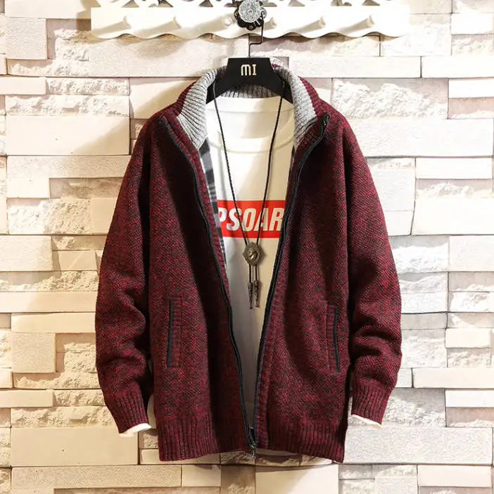 Autumn and Winter New Fleece Thicken Large Size Casual Loose Sweater Men's Jacket Stand-up Collar Cardigans
