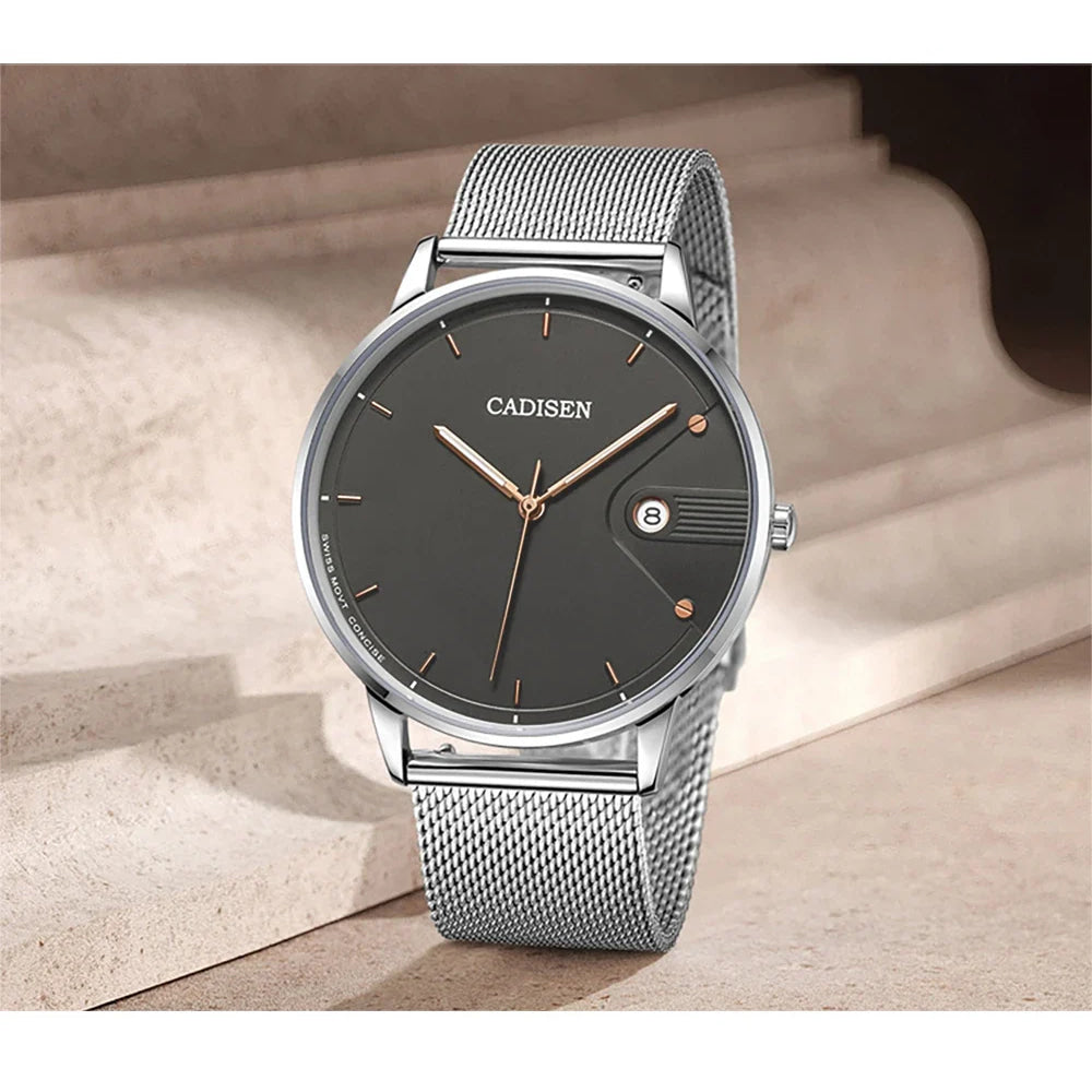 CADISEN Swiss Ronda 715 Quartz Watch Mans 7MM Ultra-thin Dial Sapphire Luminous Stainless Steel Milano Mesh Strap Watches Men
