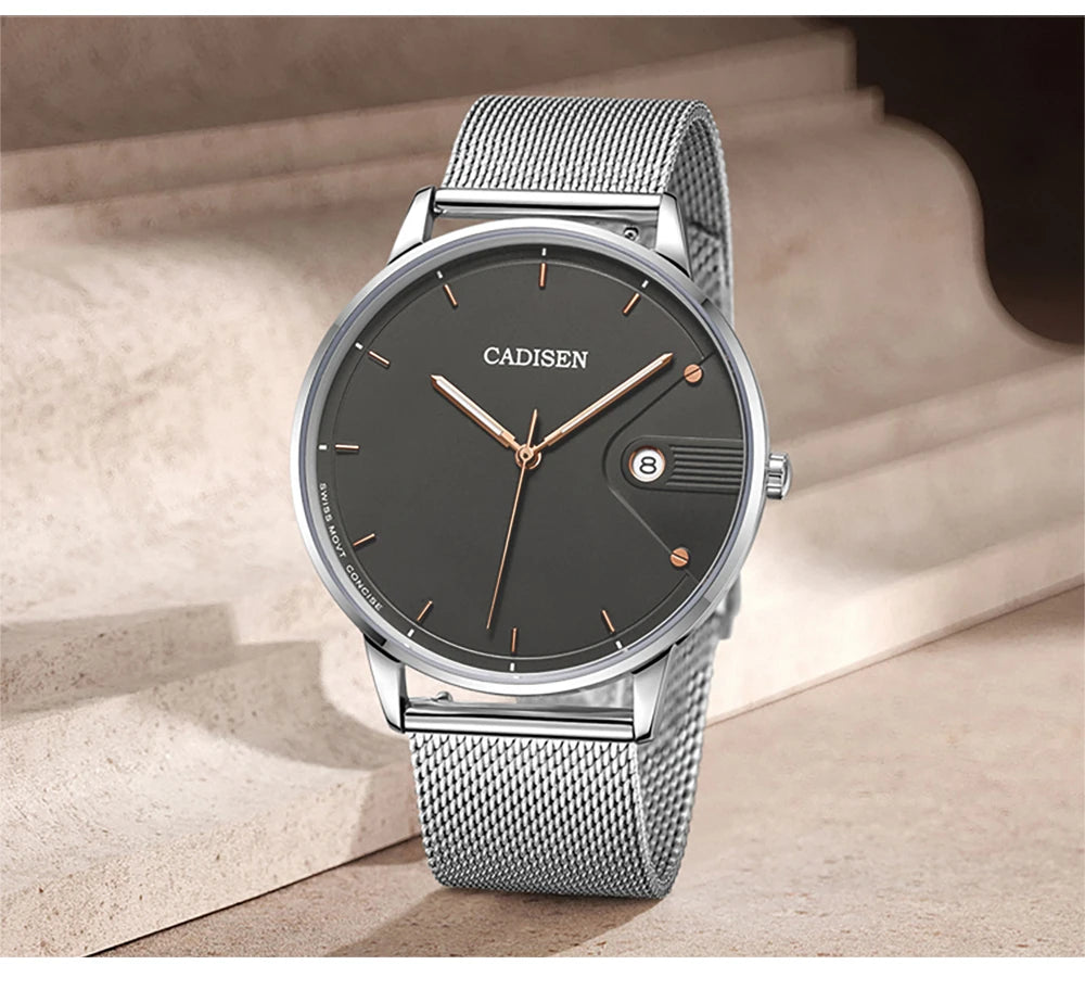 CADISEN Swiss Ronda 715 Quartz Watch Mans 7MM Ultra-thin Dial Sapphire Luminous Stainless Steel Milano Mesh Strap Watches Men