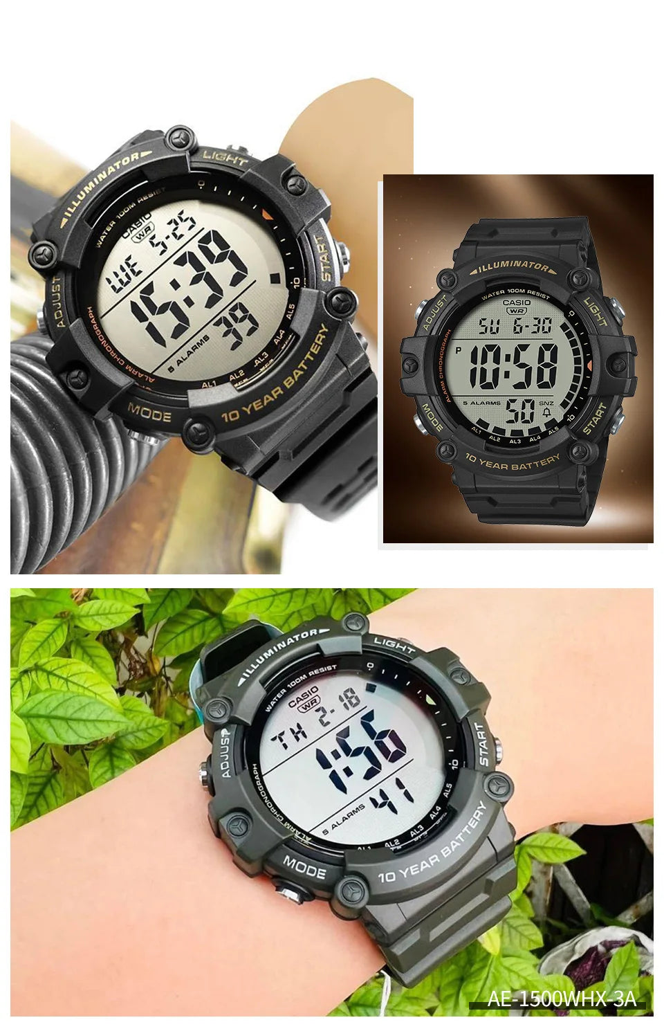 Casio Men's Large Dial Multi-Function Electronic Watch Simple Clear Display AE-1500WHX-1A/3A
