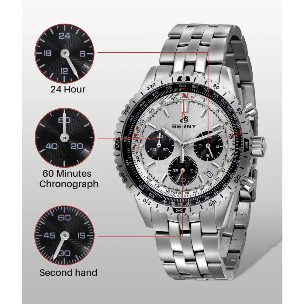 BERNY Chronograph Watches for Men Aviation Multifunction Quartz Men's Watch Date Sapphire Super Luminous Luxury Wristwatch