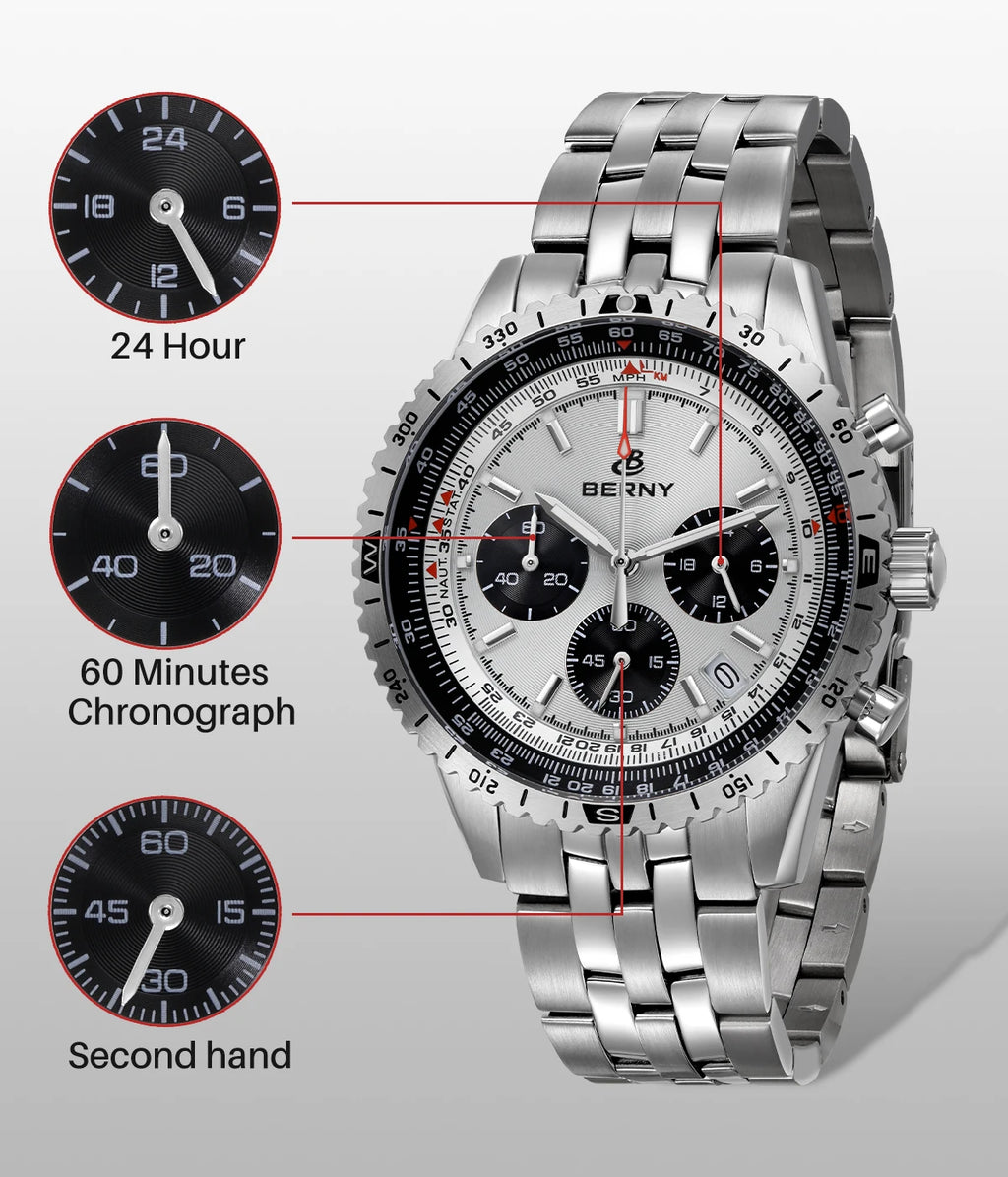 BERNY Chronograph Watches for Men Aviation Multifunction Quartz Men's Watch Date Sapphire Super Luminous Luxury Wristwatch