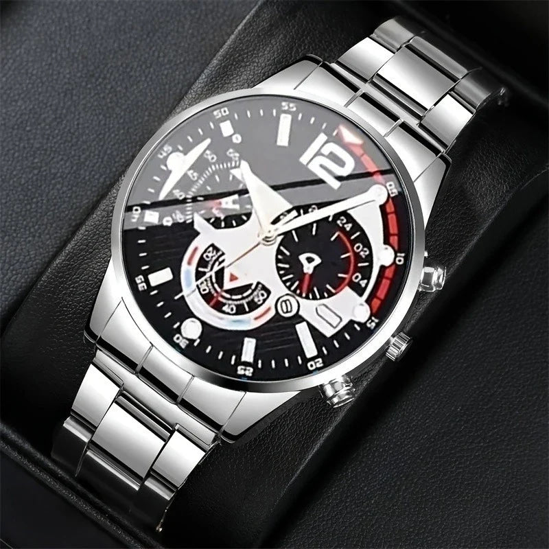 6PCS Luxury Men Business Watches Rings Set Fashion Steel Band Man Arabic Dial Quartz Wristwatch (Without Box)