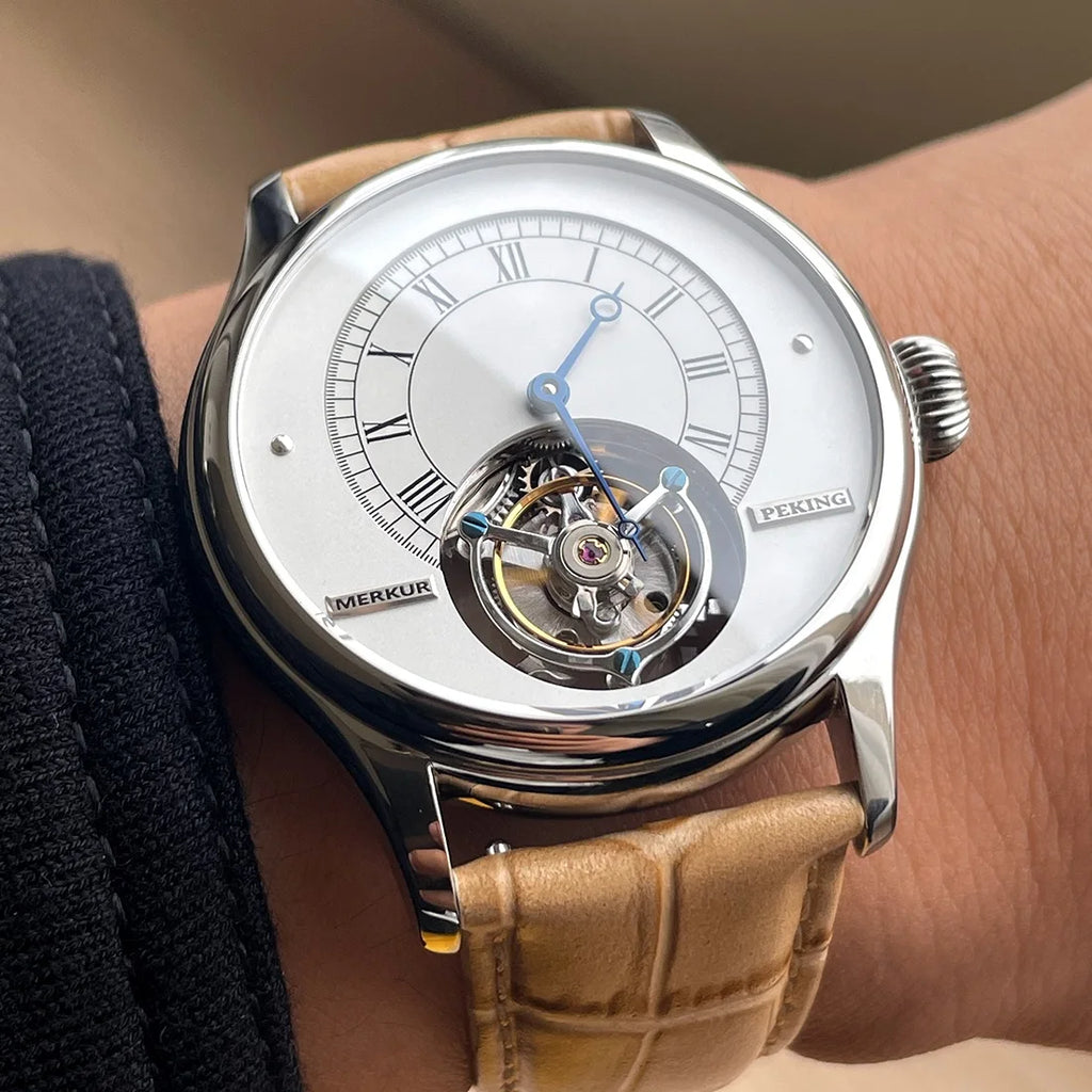 42mm nuevo Merkur Tourbillon relojes de pulsera para hombre reloj mecánico de cuerda a mano reloj de pulsera de moda para hombre zafiro 2025 esqueleto