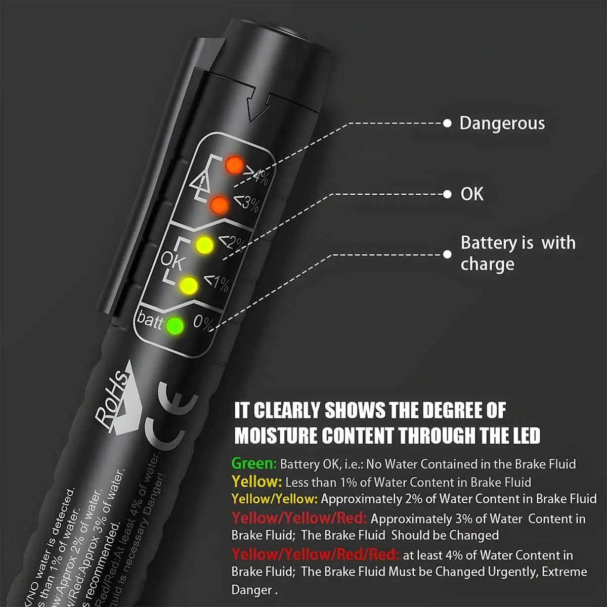Pluma de prueba de líquido de frenos, herramienta de prueba de diagnóstico de frenos automático, analizador de humedad de aceite de fluido hidráulico con 5 luces indicadoras