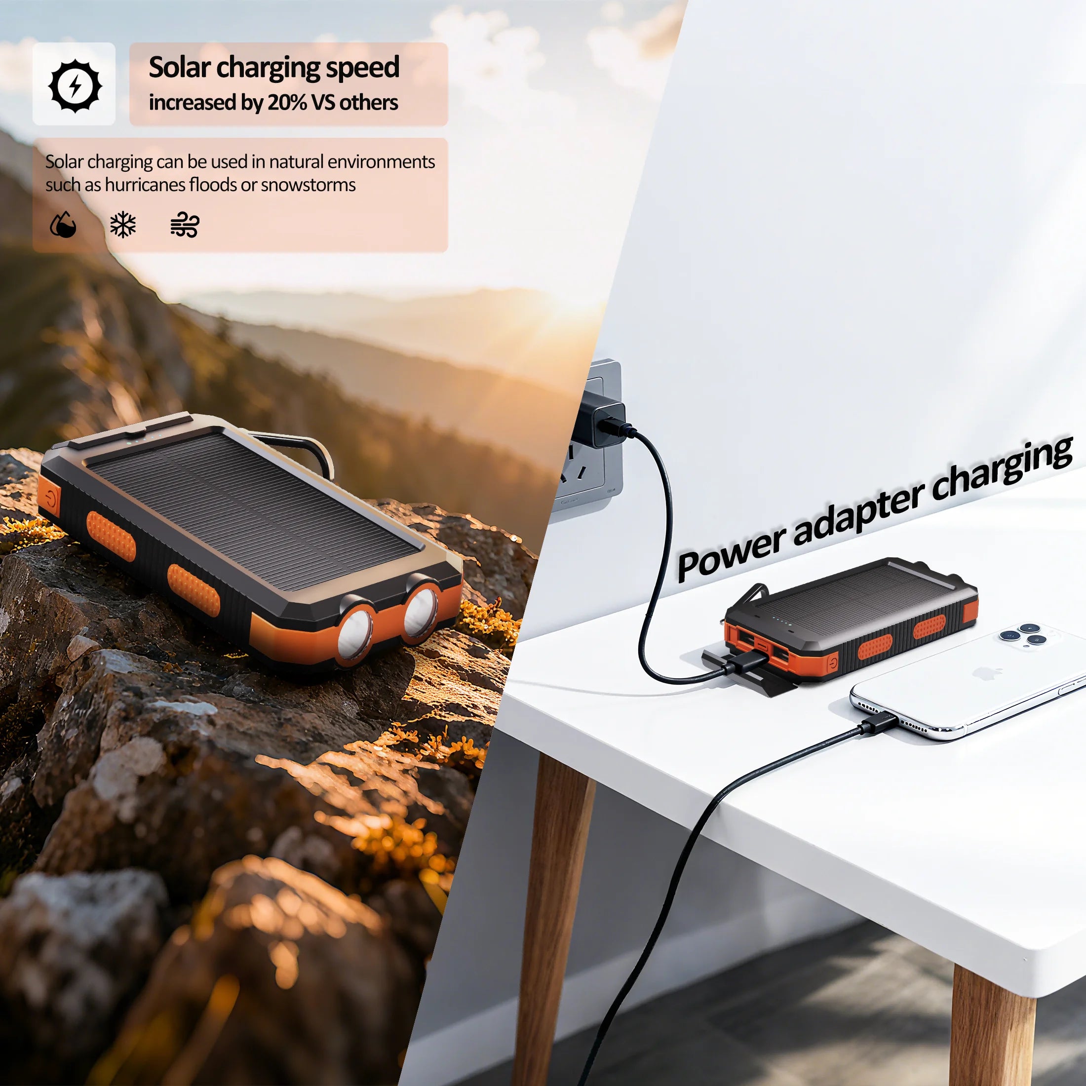 Banco de energía solar de 38800 mAh con cable incorporado, fuente de alimentación móvil universal liviana y de gran capacidad para teléfonos móviles
