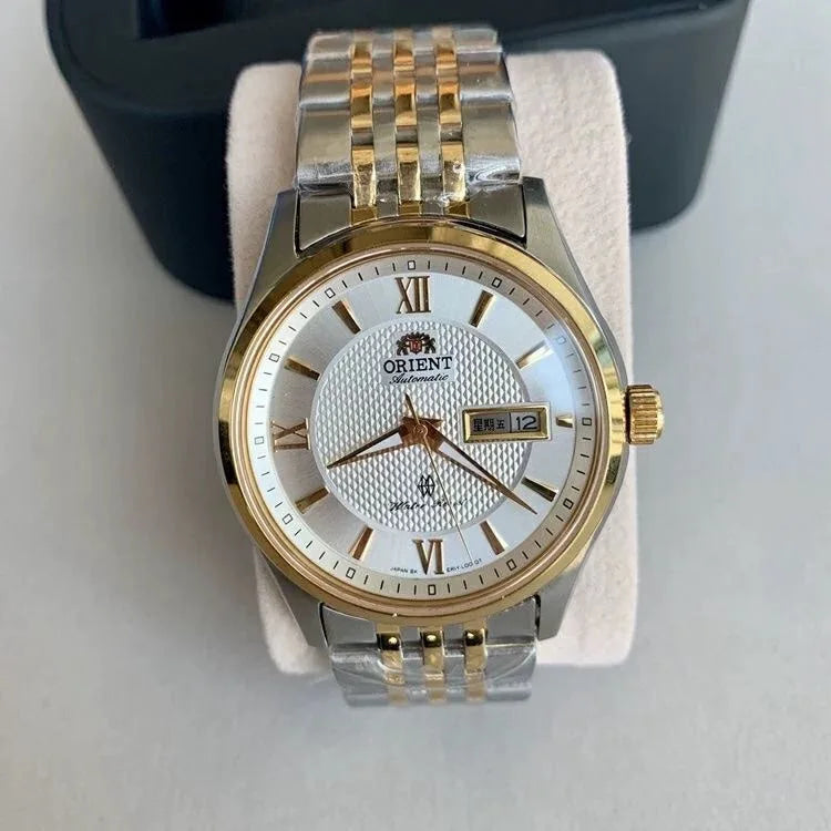 Orient Two-Tone Automatic Watch Multi-Color Dial Roman Numerals Day-Date Steel Band 50M Water Resistant Men's Classic Wristwatch
