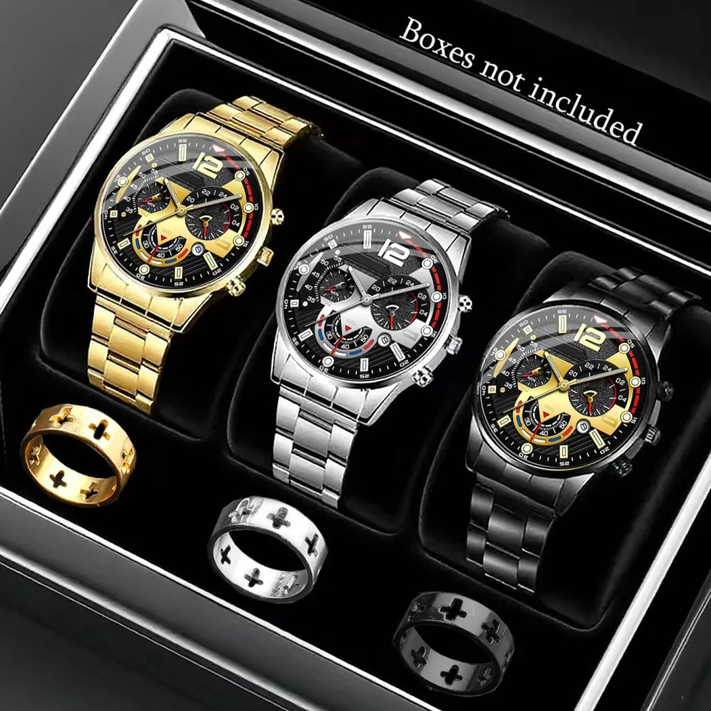 6PCS Luxury Men Business Watches Rings Set Fashion Steel Band Man Arabic Dial Quartz Wristwatch (Without Box)