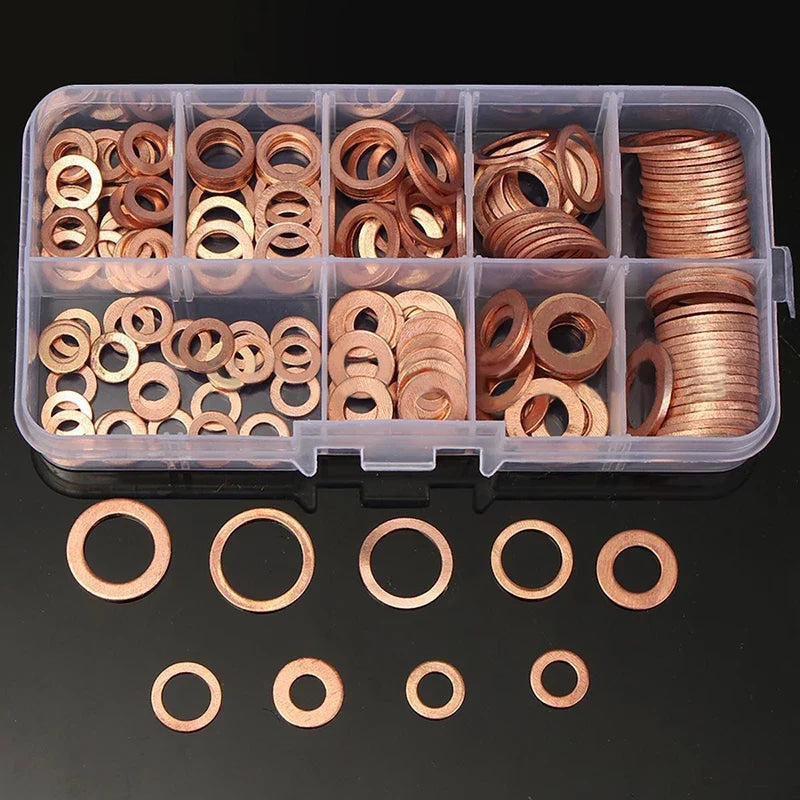 Juego de tuercas y pernos de junta de arandela de cobre, Kit surtido de sellos de anillo plano con caja //M8/M10/M12/M14 para tapones de sumidero, 100/200 Uds.