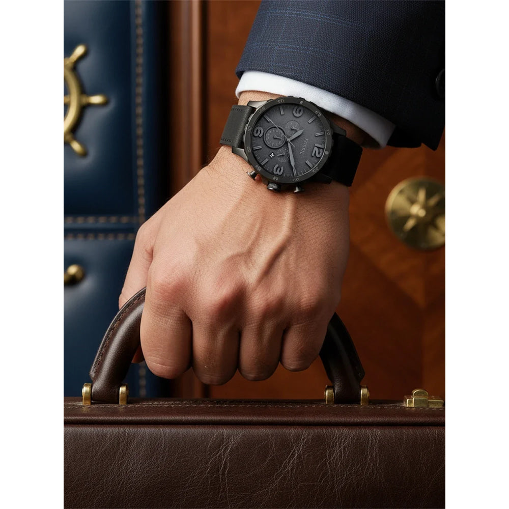 Fossil JR1354 Nate Chronograph Men Watch Black Leather 50mm Big Dial Military Sport Quartz Wristwatch Relogio Masculino