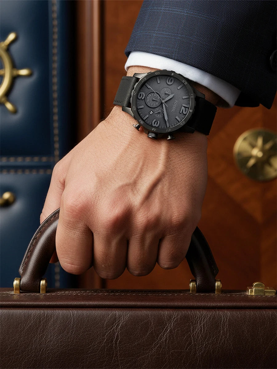Fossil JR1354 Nate Chronograph Men Watch Black Leather 50mm Big Dial Military Sport Quartz Wristwatch Relogio Masculino