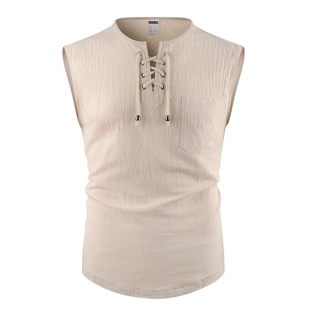 Men's Tank Tops Cotton Linen Breathable Lightweight Solid Color Drawstring Design V-neck Cool Feeling Vacation Style Male Tops