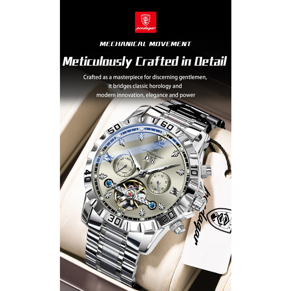 POEDAGAR Luxury Men Wristwatch Hollow Tourbillon Luminous Date Week Man Clock Automatic Mechanical Stainless Steel Men's Watches