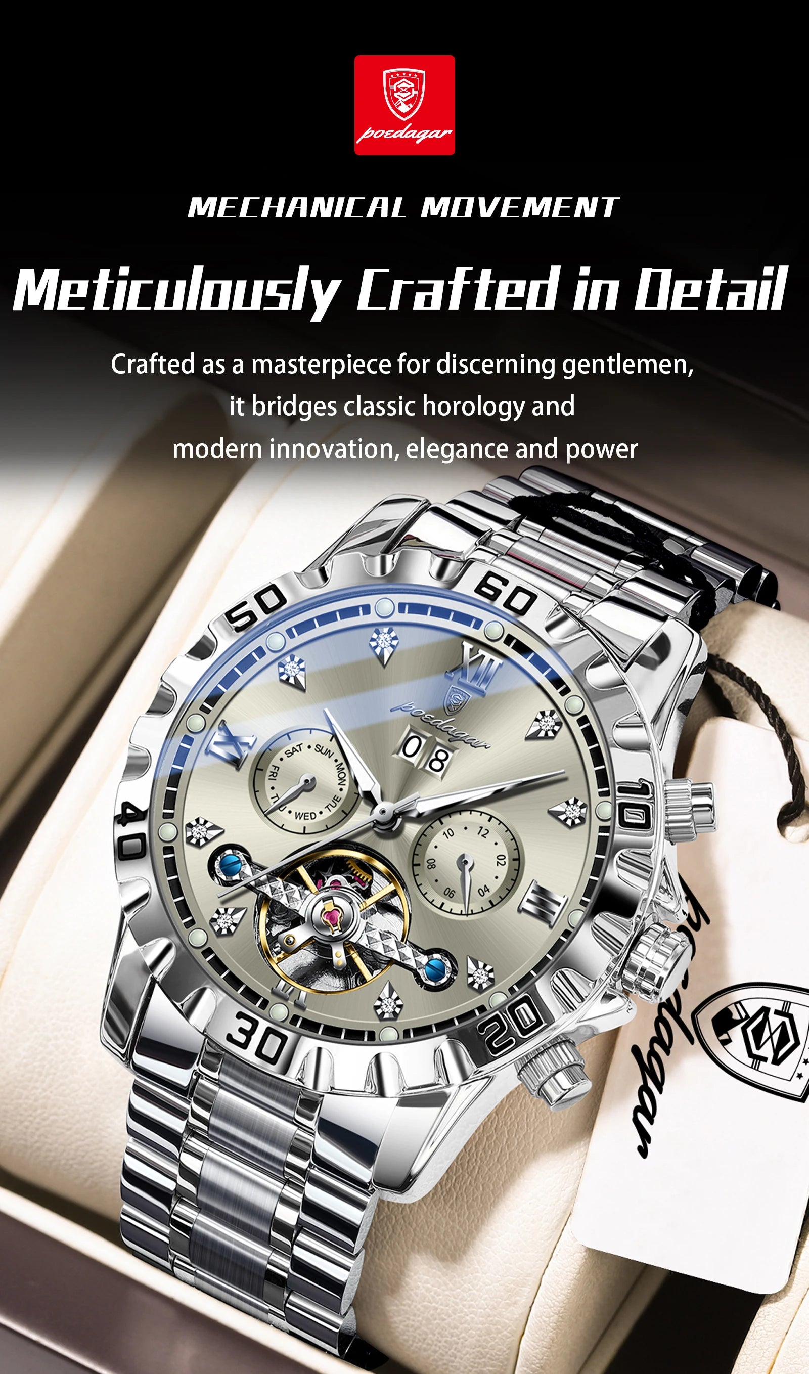 POEDAGAR Luxury Men Wristwatch Hollow Tourbillon Luminous Date Week Man Clock Automatic Mechanical Stainless Steel Men's Watches