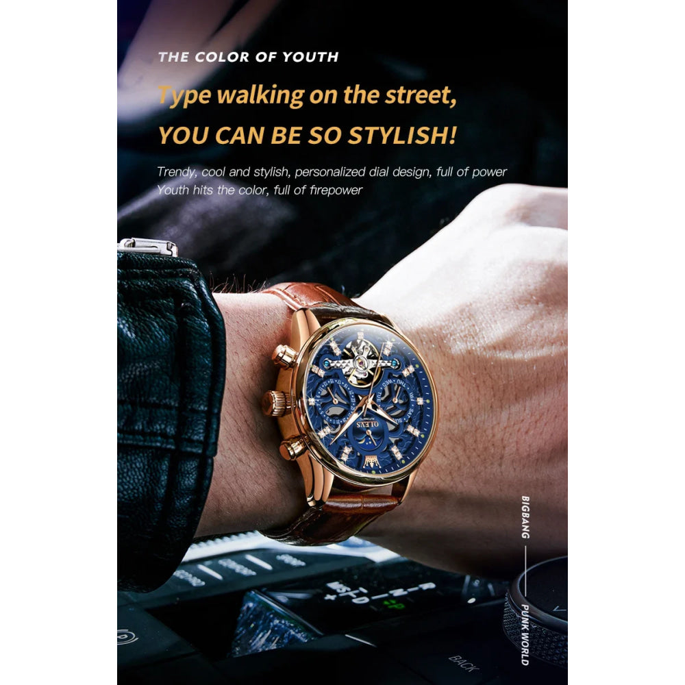 OLEVS 6658 Mens Watch Business Leather Strap Reloj  Hollow out Mechanical Automatic Wristwatch Waterproof Luminous Watch For Man