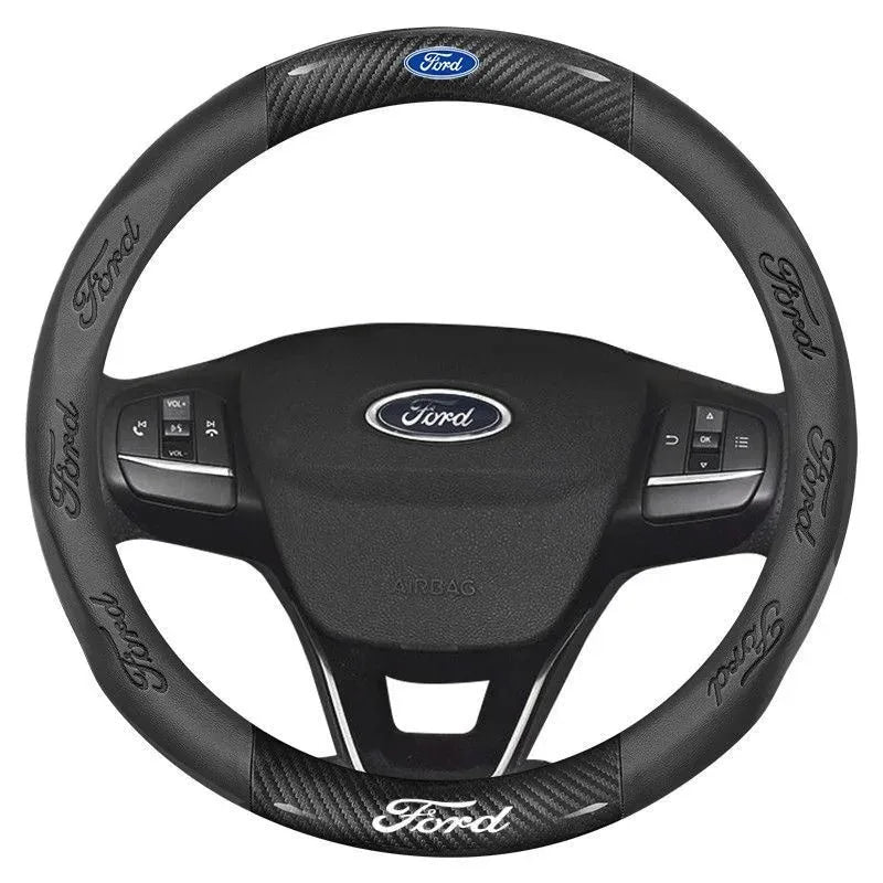 For Ford Mondeo Focus Raptor Puma Edge Explorer Ecosport Ranger F150 Kuga Car AntiSlip Carbon Fiber Leather Steering Wheel Cover