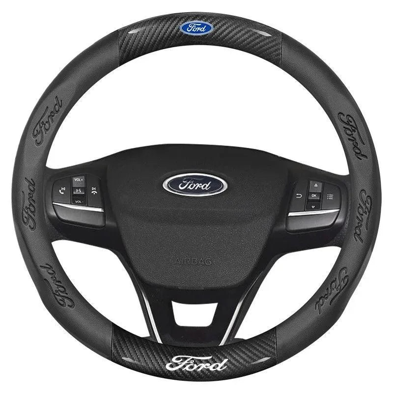 For Ford Mondeo Focus Raptor Puma Edge Explorer Ecosport Ranger F150 Kuga Car AntiSlip Carbon Fiber Leather Steering Wheel Cover