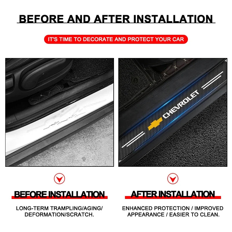 Car Door Threshold Scuff Plate Carbon Fiber Decals Stickers For Chevrolet Cruze Impala Malibu Silverado Cobalt Impala Onix Tahoe