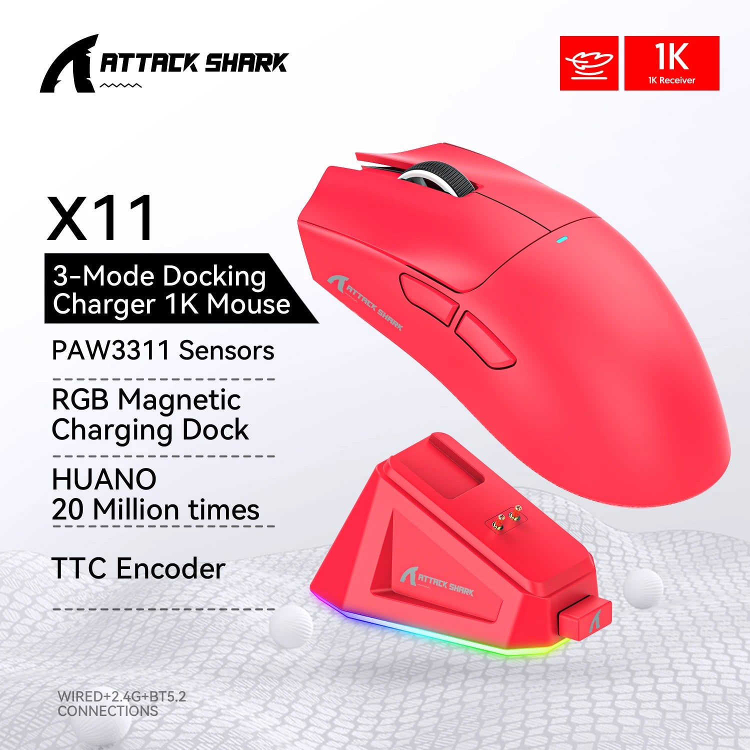 Attack Shark X11 Conexión tricodo 2,4 GHz/con cable/Bluetooth PAW3311 22K000DPI 400IPS RGB Ratón para juegos de PC