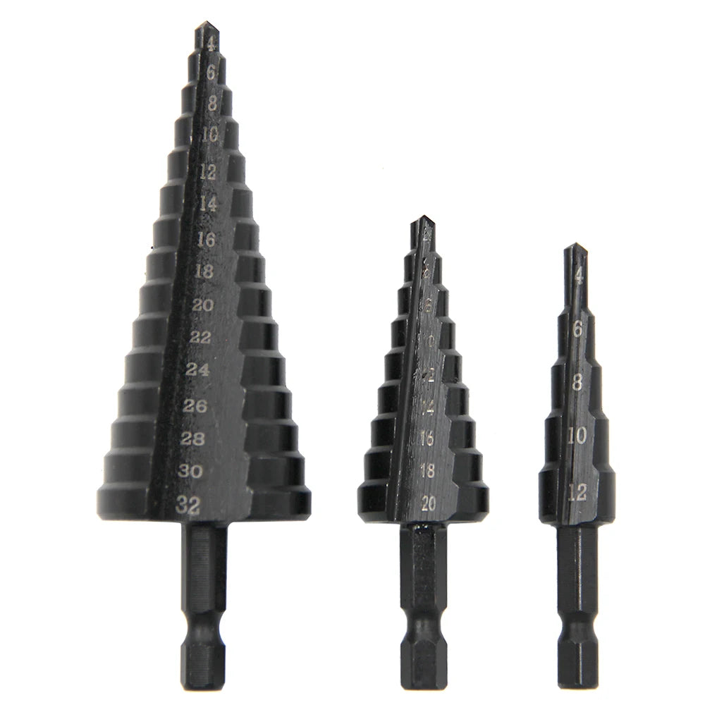 Broca escalonada negra con ranura recta y vástago Hexagonal, juego de herramientas de taladro de torre escariado de 3-12/4-12/4-20/4-32mm