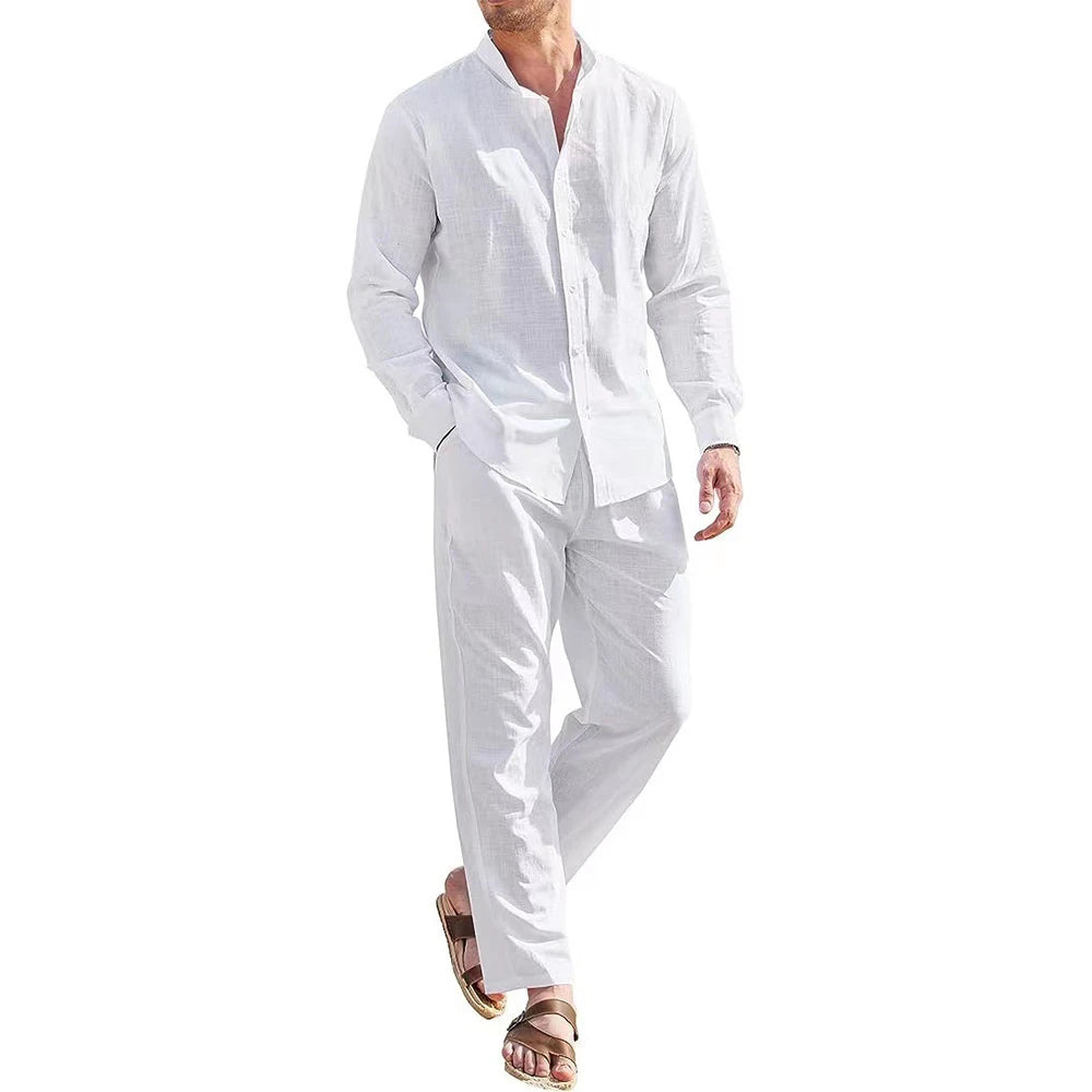 Mens Casual Cotton Linen Two Piece Sets Beach Vintage Basic Shirts and Pants Solid Color Casual Suit Male Hawai Tracksuits Set