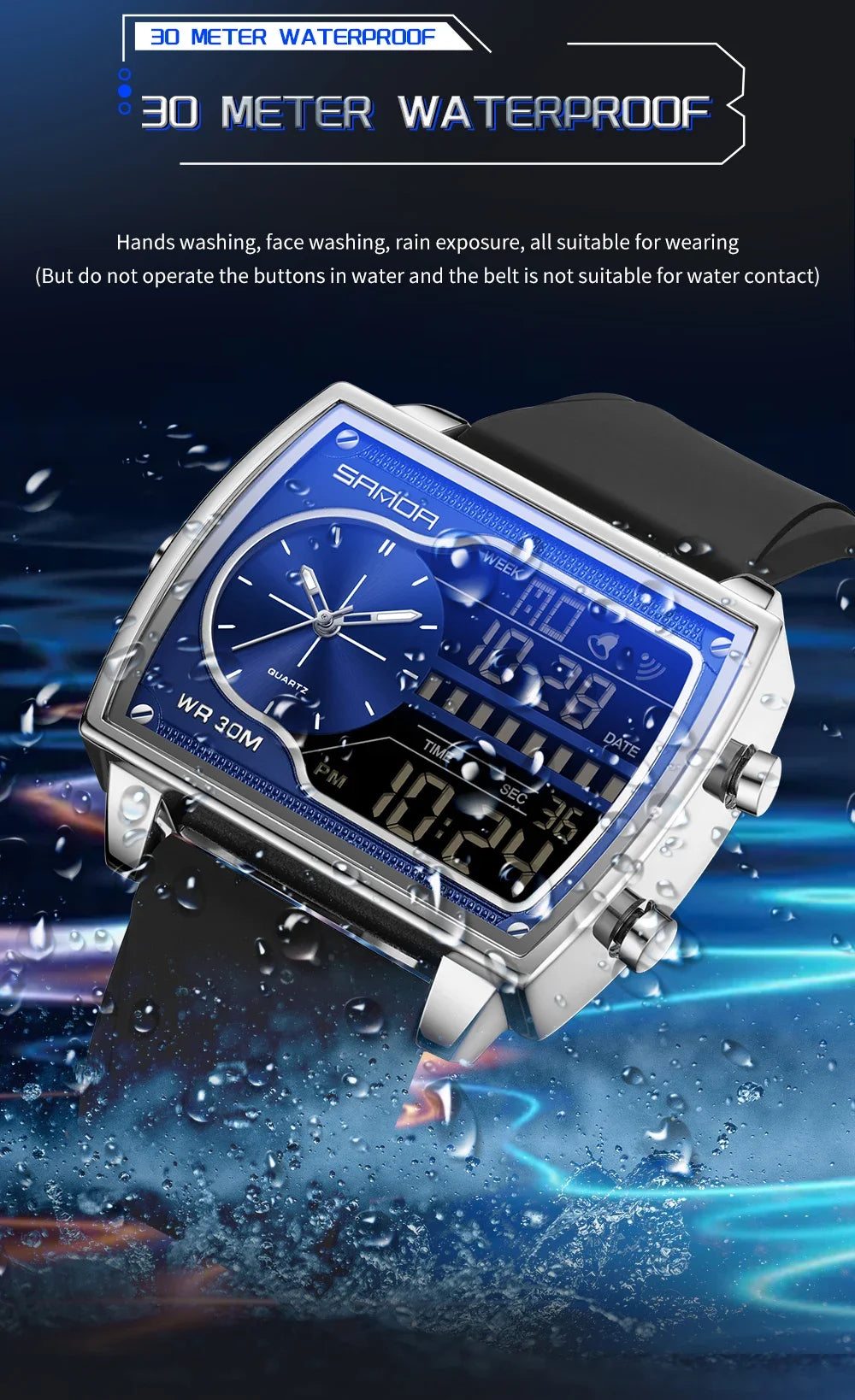 SANDA 6163 Fashion Trend Men's Quartz Watch Fashion Square Watch Countdown Sports Waterproof Dual Display Digital Men's Watches