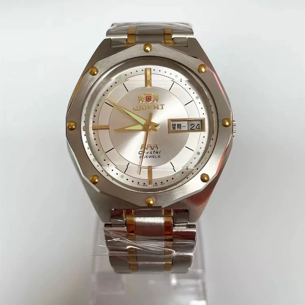 ORIENT Men's Two-Tone Stainless Steel Watch Green Dial Luminous Hands Day-Date Display AAA Crystal Analog Wristwatch