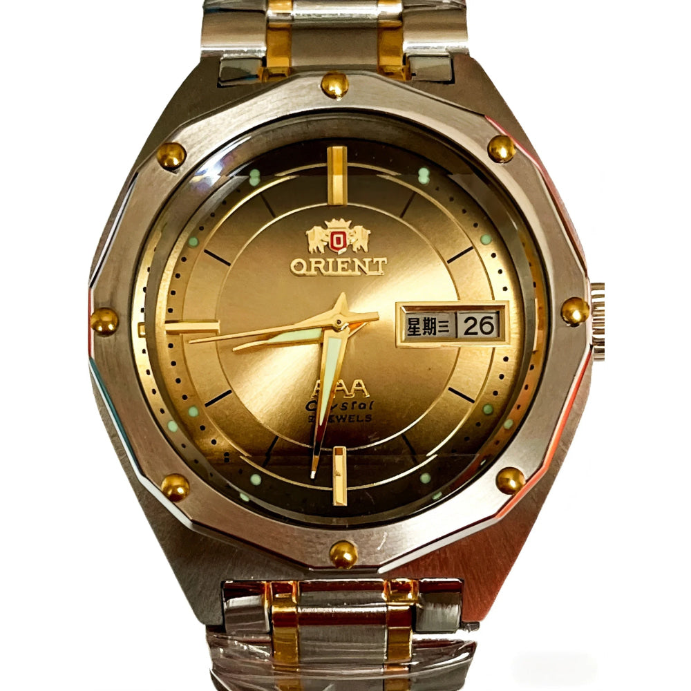 ORIENT Men's Two-Tone Stainless Steel Watch Green Dial Luminous Hands Day-Date Display AAA Crystal Analog Wristwatch