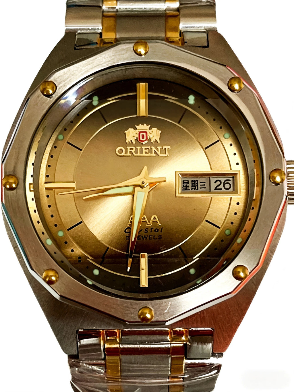 ORIENT Men's Two-Tone Stainless Steel Watch Green Dial Luminous Hands Day-Date Display AAA Crystal Analog Wristwatch