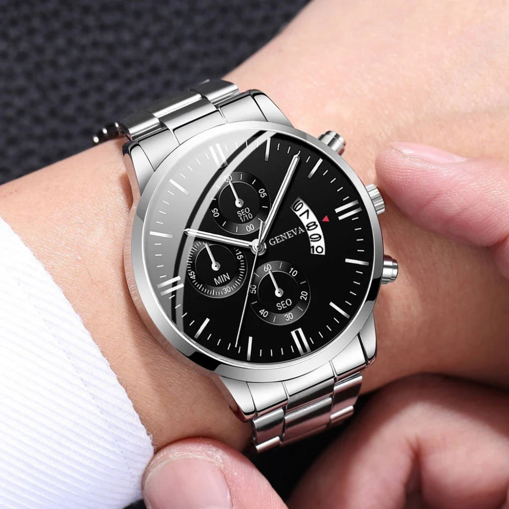 2 uds relojes de negocios para hombres reloj de cuarzo con banda de acero a la moda reloj con calendario masculino pulsera reloj Masculino (sin caja)