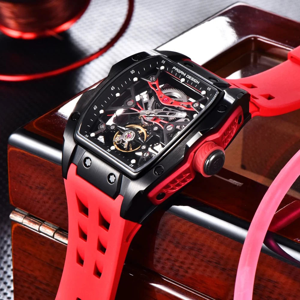 PAGANI DESIGN-reloj mecánico automático para hombre, barril de vino, tienda, estilo Venom, resistente al agua, lente de zafiro de goma, hueco