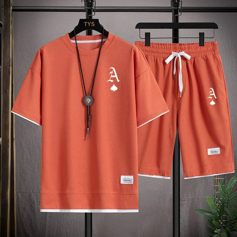 Fashionable casual men's sports suit short-sleeved T-shirt and outdoor summer sports shorts two-piece set daily casual