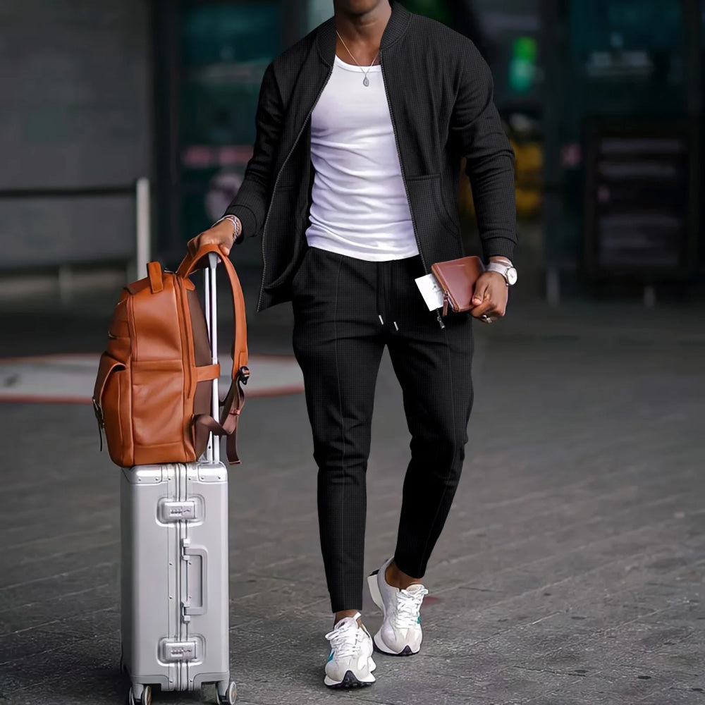 Men's Business Casual Two-Piece Set Spring Autumn Waffle Zippered Shirt Coat And Trousers Trendy Fashionable Outfit