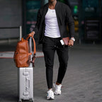 Men's Business Casual Two-Piece Set Spring Autumn Waffle Zippered Shirt Coat And Trousers Trendy Fashionable Outfit